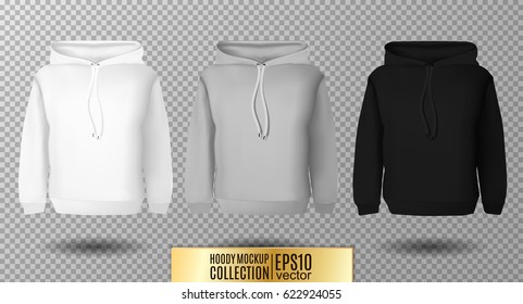 Hoody Set. Realistischer Mock-Up. Langärmelige Hoody-Vorlage auf transparentem Hintergrund. Weiß, Schwarz und Grau