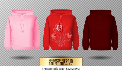 Hoody set. Realistic mockup. Long sleeve hoody template on transparent background. Pink, red and vinous version