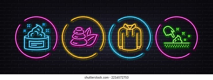 Hoody, Spa stones and Skin cream minimal line icons. Neon laser 3d lights. Skin moisture icons. For web, application, printing. Fashion sweatshirt, Bath, Medical cosmetic. Wet cream. Vector