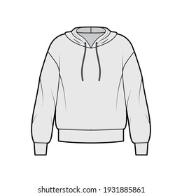 Hoody sweatshirt jumper technical fashion illustration with long sleeves, oversized body, banded hem, cuff. Flat large apparel template front, grey color style. Women, men, unisex CAD mockup