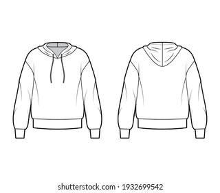 Hoody sweatshirt jumper technical fashion illustration with long sleeves, oversized body, banded hem, cuff. Flat large apparel template front, back, white color style. Women, men, unisex CAD mockup