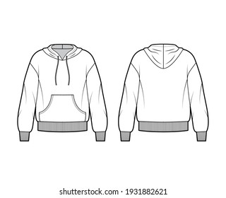 Hoody sweatshirt technical fashion illustration with long sleeves, oversized body, kangaroo pouch, knit rib cuff, banded hem. Flat large template front, back, white color. Women, men unisex CAD mockup