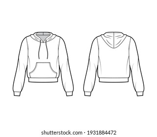 Hoody sweatshirt technical fashion illustration with long sleeves, relax body, kangaroo pouch, banded hem, drawstring. Flat apparel template front, back, white color. Women, men, unisex CAD mockup