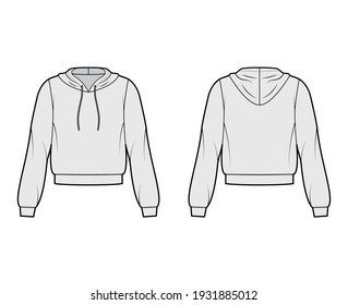 Hoody sweatshirt technical fashion illustration with elbow sleeves, relax body, banded hem, cuff, drawstring. Flat small apparel template front, back, grey color style. Women, men, unisex CAD mockup