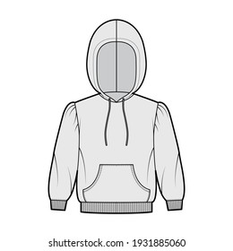 Hoody sweatshirt technical fashion illustration with elbow sleeves, relax body, kangaroo pouch, knit rib cuff, banded hem. Flat apparel template front, grey color. Women, men, unisex CAD mockup