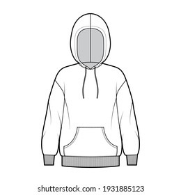 Hoody sweatshirt technical fashion illustration with long sleeves, oversized body, kangaroo pouch, knit rib cuff, banded hem. Flat extra large template front, white color. Women, men unisex CAD mockup