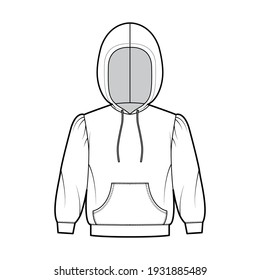 Hoody sweatshirt technical fashion illustration with elbow sleeves, relax body, kangaroo pouch, banded hem, drawstring. Flat apparel template front, white color. Women, men, unisex CAD mockup