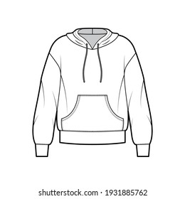 Hoody sweatshirt technical fashion illustration with long sleeves, oversized body, kangaroo pouch, banded hem, drawstring. Flat large apparel template front, white color. Women, men, unisex CAD mockup