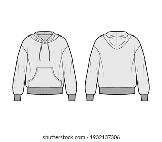 Hoody sweatshirt technical fashion illustration with long sleeves, oversized body, kangaroo pouch, knit rib cuff. Flat large apparel template front, back, grey color. Women, men, unisex CAD mockup