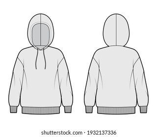 Hoody sweatshirt technical fashion illustration with long sleeves, oversized body, knit rib cuff, banded hem. Flat extra large apparel template front, back, grey color. Women, men, unisex CAD mockup