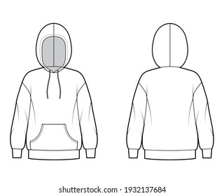 Hoody sweatshirt technical fashion illustration with long sleeves, oversized body, kangaroo pouch, banded hem. Flat extra large apparel template front, back, white color. Women, men, unisex CAD mockup