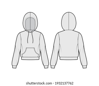 Hoody sweatshirt technical fashion illustration with long sleeves, relax body, kangaroo pouch, banded hem, drawstring. Flat apparel template front, back, grey color. Women, men, unisex CAD mockup