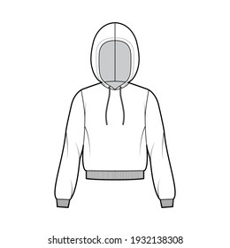 Hoody sweatshirt technical fashion illustration with long sleeves, relax body, knit rib cuff, banded hem, drawstring. Flat apparel template front, white color. Women, men, unisex CAD mockup