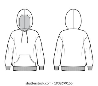 Hoody sweatshirt technical fashion illustration with long sleeves, kangaroo pouch, knit rib cuff, banded hem. Flat extra large apparel template front, back, white color. Women, men, unisex CAD mockup