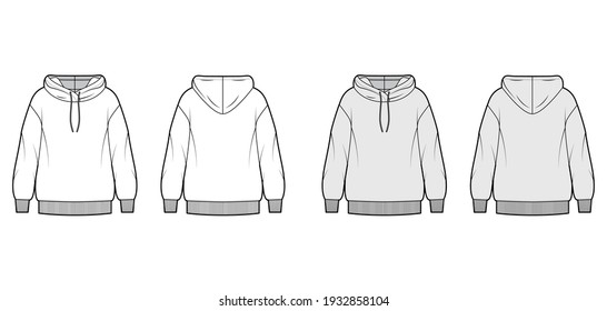 Hoody Sweatshirt technische Mode Illustration mit überdimensionalem Körper, Strickrippenkupf, Banded hem. Flat extra große Bekleidungsvorlage vorne, hinten, weiß, graue Farbe Stil. Frauen, Männer, unisex CAD-Modell nach oben