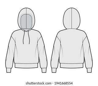 Hoody sweatshirt technical fashion illustration with long sleeves, oversized body, banded hem, drawstring. Flat medium apparel template front, back, grey color style. Women, men, unisex CAD mockup