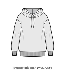 Hoody sweatshirt technical fashion illustration with long sleeves, oversized body, knit rib cuff, banded hem. Flat extra large apparel template front, grey color style. Women, men, unisex CAD mockup