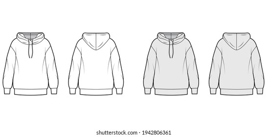 Hoody sweatshirt technical fashion illustration with long sleeves, oversized body, banded cuff, hem. Flat garment apparel template front, back, white, grey color style. Women, men, unisex CAD mockup