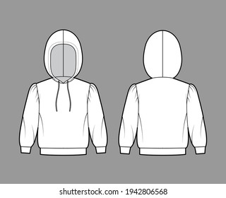 Hoody sweatshirt technical fashion illustration with elbow sleeves, relax body, banded hem, drawstring. Flat small apparel template front, back, white color style. Women, men, unisex CAD mockup
