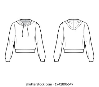 Hoody sweatshirt technical fashion illustration with long sleeves, relax body, banded hem, drawstring. Flat medium apparel template front, back, white color style. Women, men, unisex CAD mockup