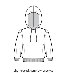 Hoody sweatshirt technical fashion illustration with elbow sleeves, relax body, knit rib cuff, banded hem, drawstring. Flat apparel template front, white color style. Women, men, unisex CAD mockup