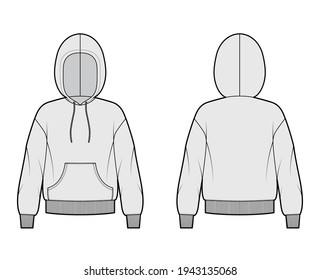Hoody sweatshirt technical fashion illustration with long sleeves, oversized body, kangaroo pouch, knit rib cuff, banded hem. Flat medium template front, back, grey color. Women, men unisex CAD mockup