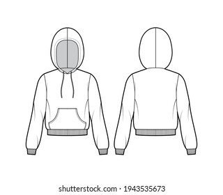 Hoody sweatshirt technical fashion illustration with long sleeves, relax body, kangaroo pouch, knit rib cuff, banded hem. Flat apparel template front, back, white color. Women, men, unisex CAD mockup