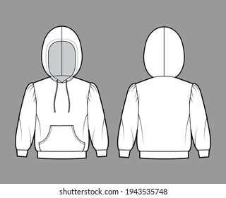 Hoody sweatshirt technical fashion illustration with elbow sleeves, relax body, kangaroo pouch, banded hem, drawstring. Flat apparel template front, back, white color. Women, men, unisex CAD mockup