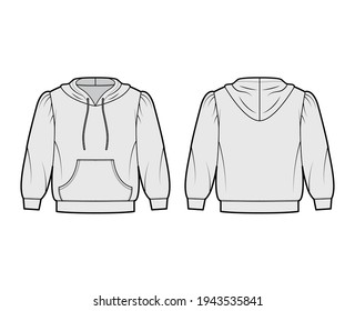 Hoody sweatshirt technical fashion illustration with elbow sleeves, relax body, kangaroo pouch, banded hem, drawstring. Flat apparel template front, back, grey color. Women, men, unisex CAD mockup