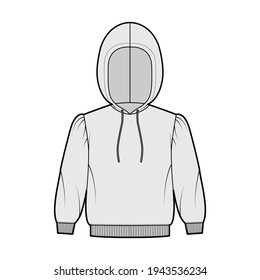 Hoody sweatshirt technical fashion illustration with elbow sleeves, relax body, knit rib cuff, banded hem, drawstring. Flat apparel template front, grey color style. Women, men, unisex CAD mockup