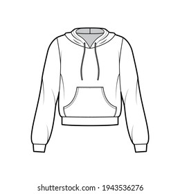Hoody sweatshirt technical fashion illustration with long sleeves, relax body, kangaroo pouch, banded hem, drawstring. Flat apparel template front, white color. Women, men, unisex CAD mockup