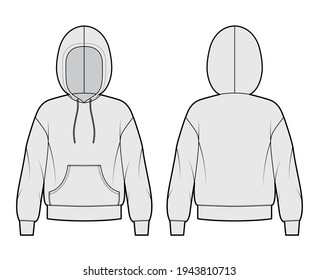 Hoody sweatshirt technical fashion illustration with long sleeves, oversized body, kangaroo pouch, drawstring. Flat medium apparel template front, back, grey color style. Women, men, unisex CAD mockup