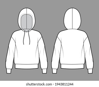 Hoody sweatshirt technical fashion illustration with long sleeves, oversized body, banded hem, drawstring. Flat medium apparel template front, back, white color style. Women, men, unisex CAD mockup