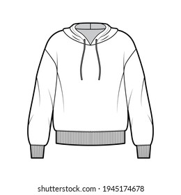 Hoody sweatshirt technical fashion illustration with long sleeves, oversized body, banded hem, drawstring. Flat large apparel template front, white color style. Women, men, unisex CAD mockup