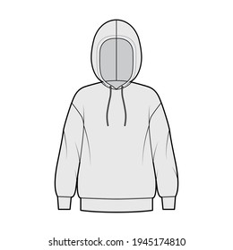 Hoody sweatshirt technical fashion illustration with long sleeves, oversized body, banded hem, cuff. Flat extra large apparel template front, back, grey color style. Women, men, unisex CAD mockup