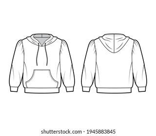 Hoody sweatshirt technical fashion illustration with elbow sleeves, relax body, kangaroo pouch, banded hem, drawstring. Flat apparel template front, back, white color. Women, men, unisex CAD mockup