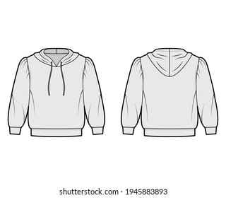 Hoody sweatshirt technical fashion illustration with elbow sleeves, relax body, banded hem, drawstring. Flat small garment apparel template front, back, grey color style. Women, men, unisex CAD mockup