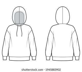 Hoody sweatshirt technical fashion illustration with long sleeves, oversized body, banded hem, cuff. Flat extra large apparel template front, back, white color style. Women, men, unisex CAD mockup