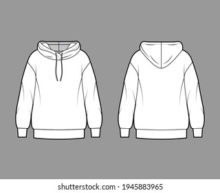 Hoody Sweatshirt technische Mode Illustration mit langen Ärmeln, übergroßen Körper, Bandschellen, Zugschnüre. Flaches Bekleidungsschablone vorne, hinten, weißer Farbstil. Frauen, Männer, unisex CAD-Modell nach oben