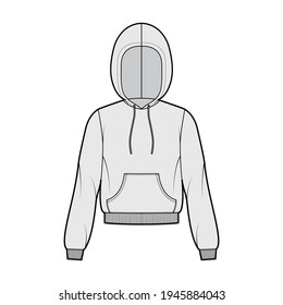 Hoody sweatshirt technical fashion illustration with long sleeves, relax body, kangaroo pouch, knit rib cuff, banded hem. Flat apparel template front, grey color. Women, men, unisex CAD mockup