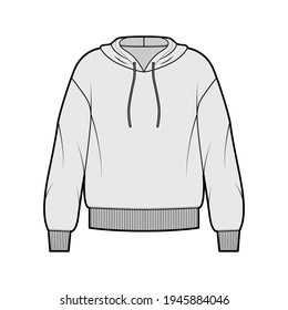 Hoody sweatshirt technical fashion illustration with long sleeves, oversized body, banded hem, drawstring. Flat large apparel template front, grey color style. Women, men, unisex CAD mockup