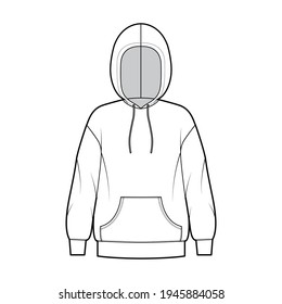 Hoody sweatshirt technical fashion illustration with long sleeves, oversized body, kangaroo pouch, banded hem. Flat extra large apparel template front, white color. Women, men, unisex CAD mockup