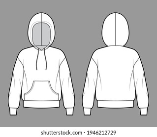 Hoody sweatshirt technical fashion illustration with long sleeves, oversized body, kangaroo pouch, drawstring. Flat medium apparel template front, back, white color style. Women, men unisex CAD mockup