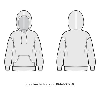 Hoody sweatshirt technical fashion illustration with long sleeves, oversized body, kangaroo pouch, banded hem. Flat extra large apparel template front, back, grey color. Women, men, unisex CAD mockup