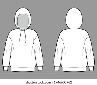 Hoody sweatshirt technical fashion illustration with long sleeves, oversized body, banded hem, cuff. Flat extra large apparel template front, back, white color style. Women, men, unisex CAD mockup