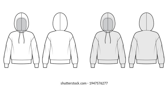 Hoody sweatshirt technical fashion illustration with long sleeves, oversized body, banded hem, drawstring. Flat medium apparel template front, back, white, grey color style. Women, men, unisex mockup