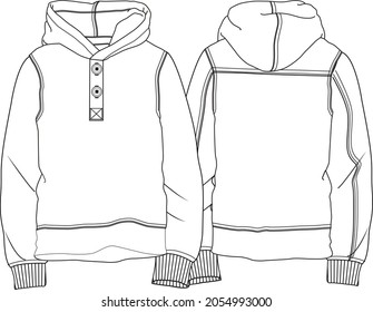 Hoody sweatshirt technical fashion illustration with long sleeves, oversized body, banded hem, drawstring. Flat large apparel template front, back, white color style. Women, men, unisex CAD mockup