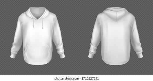 Hoody, sudadera blanca se burla de la vista frontal y trasera. Manga aislada con mangas largas, bolsillo de barro canguro y cuerdas levadizas. Moda deportiva, de vestir casual o urbana, maqueta realista de vectores 3d