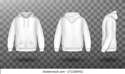 Hoody, white sweatshirt mock up front side back view set. Isolated hoodie with long sleeves, kangaroo muff pocket and drawstrings. Sport, casual or urban clothing fashion, Realistic 3d vector mockup