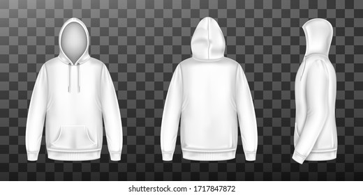 Hoody, white sweatshirt mock up front side back view set. Isolated hoodie with long sleeves, kangaroo muff pocket and drawstrings. Sport, casual or urban clothing fashion, Realistic 3d vector mockup